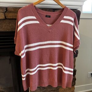 Shewin Women's XL Soft Short Sleeve Sweater Rose White Stripes Coastal Fisherman